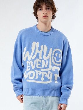 PacSun Light Blue 'Why Even Worry?' Graphic Crewneck Sweater
